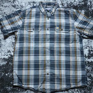 Carhartt Men's Short Sleeve Shirt Size L Navy & Brown Plaid Relaxed Fit Button